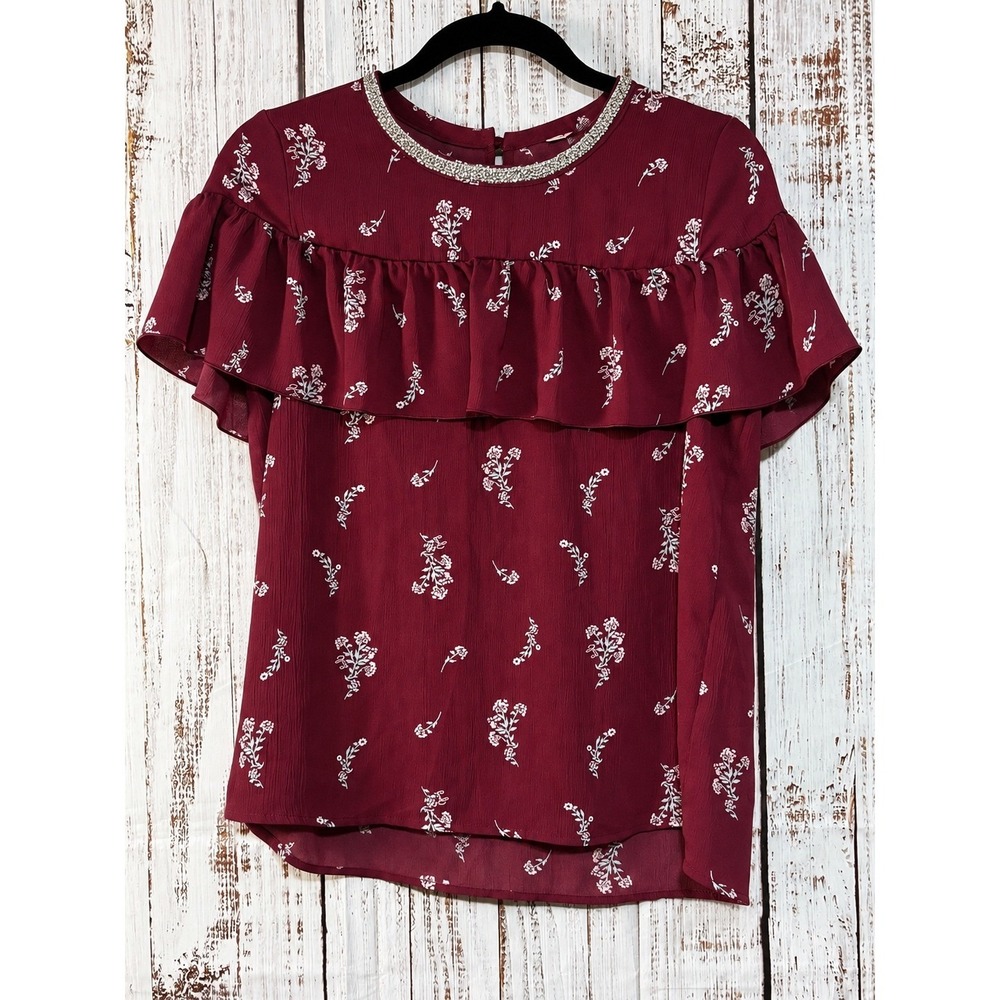 Juicy Couture Floral Ruffle Top Small Burgundy Rhinestone Neck Blouse NWT